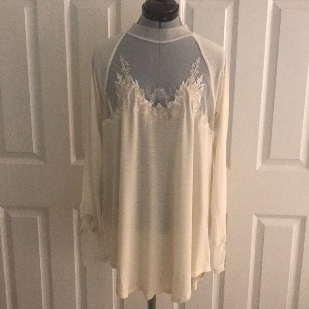 Free People Cream Top w/ Lace Trim & Sheer Yoke Long Sleeves L